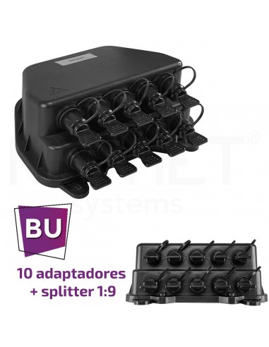 Caja FTTh IP65 10 puertos incluye 10 adaptadores BU SC/APC spl/tap 1:9 05/95 negra.