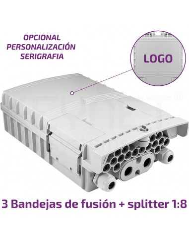 Caja FTTh  IP65 4p/16p incluido 3bx12f + 8 adapt SC/APC + split 1:8 SC/APC